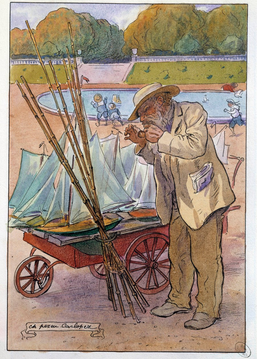 O mercador de barcos no Jardim das Tulherias em 1909 Desenho de Charles Pezeu dit Carlopez (século XX) de Charles Pezeu Carlopez