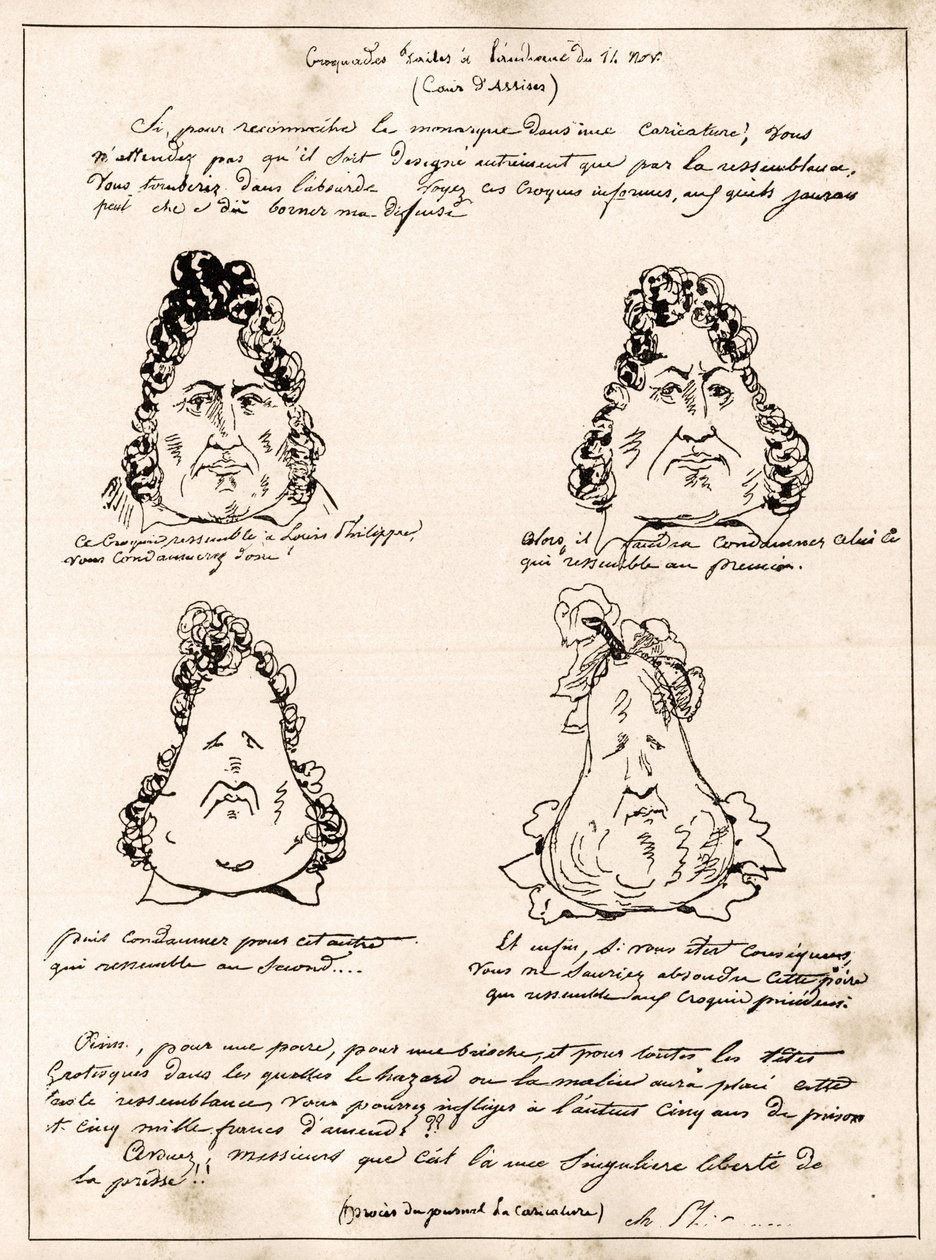 Croquades feitos na audiência de 14 de Novembro - desenho animado Louis Philippe em pêra por Charles Philipon (1800-1862) - 1832 - (Louis-Philippe transformando-se gradualmente em pêra) de Charles Philipon