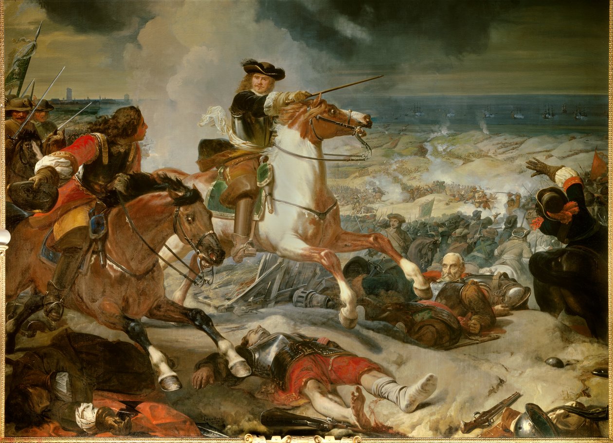 Guerra dos Trinta Anos: "Batalha das Dunas na sede de Dunquerque ganha pelo marechal Henri de La Tour d