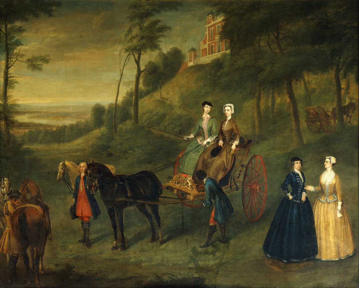 Damas e damas de honra em Greenwich Park: um retrato de grupo de Juliana, duquesa de Leeds, lady Charlotte Hamilton, lady Isabella Tufton e Henrietta, condessa de Pomfret, todos usando hábitos de cavalgar, com noivo e cavalos em frente ao observatório, 173 de Charles Phillips