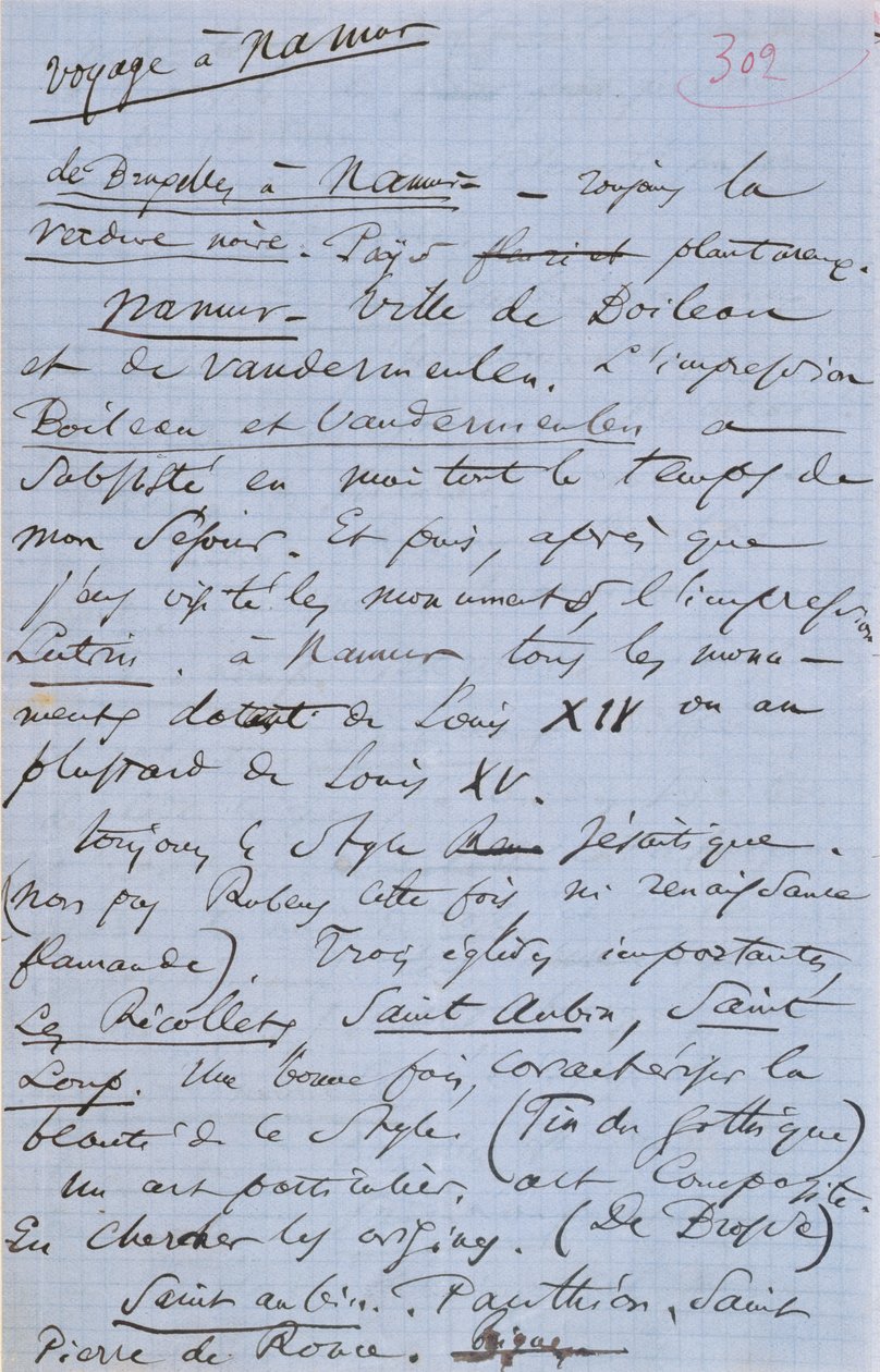 Página 302 do panfleto de Baudelaire &39;Pauvre Belgique&39; descrevendo sua viagem a Namur, 1864 de Charles Pierre Baudelaire