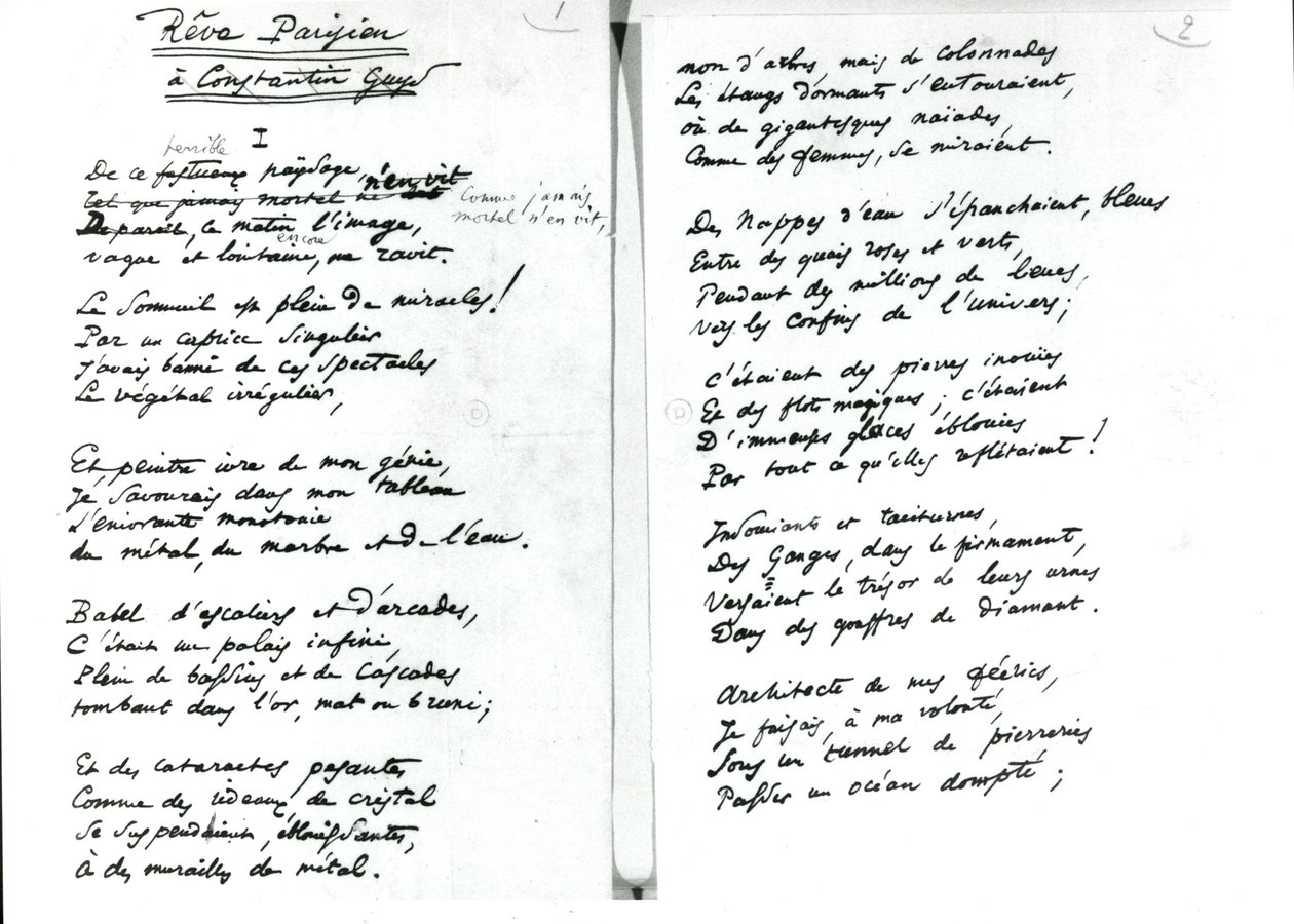 Poema de autógrafos "Reve Parisien" (caneta e tinta sobre papel) (foto a p/b) de Charles Pierre Baudelaire