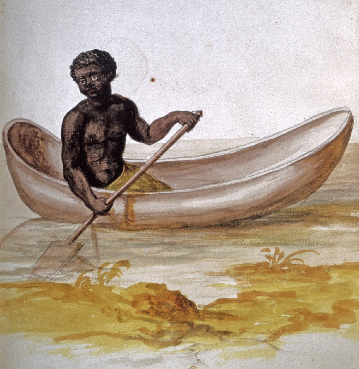 Jovem negro numa canoa nas Caraíbas, c.1686 (aguarela) de Charles Plumier