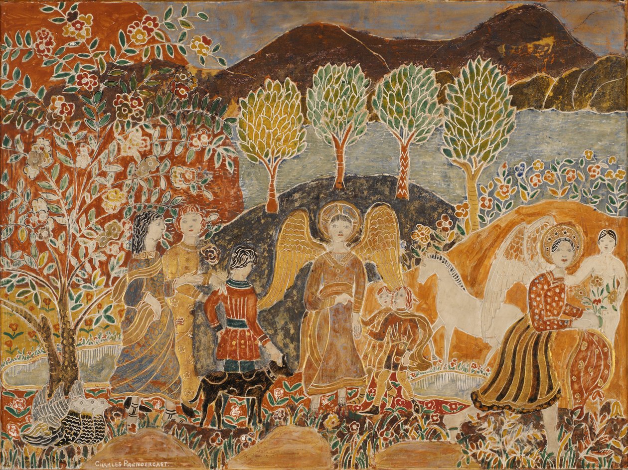 Anjos em uma paisagem (mídia mista no painel) de Charles Prendergast