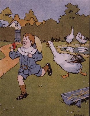 O Gander persegue o Georgie, de "Georgie Porgy", livro de rimas infantis de Charles R. Dowell
