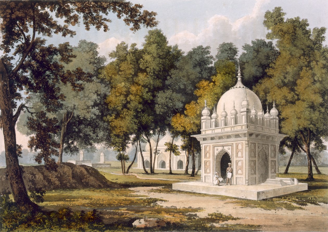 Túmulos perto de Etaya, de "Uma excursão pitoresca ao longo dos rios Ganges e Jumna na Índia", gravada por Thomas Sutherland, publicada por Ackermann, 1824 (aquatint) de Charles Ramus Forrest