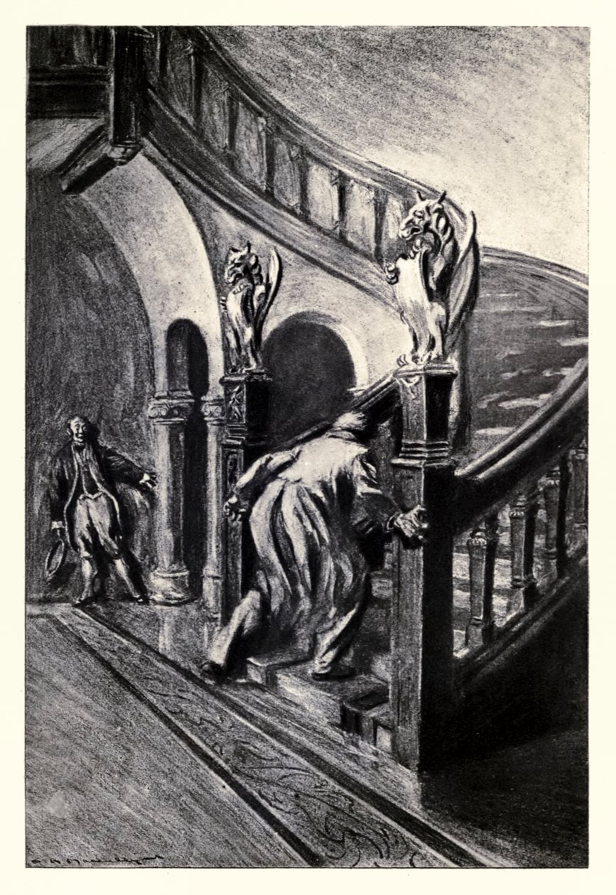 Ele deu uma espécie de choro e chicoteou lá em cima" do "Strange Case of Dr Jekyll and Mr Hyde" de Robert Louis Stevenson (1850-1894) ilustrado por Charles Raymond Macauley (1871-1934) de Charles Raymond Macauley