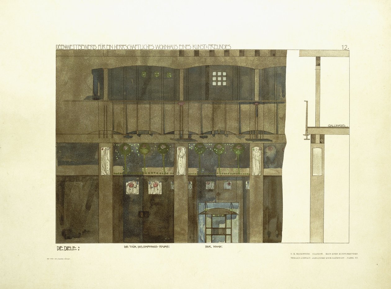 Hall de entrada, c.1901 (litografia colorida) de Charles Rennie (after) Mackintosh