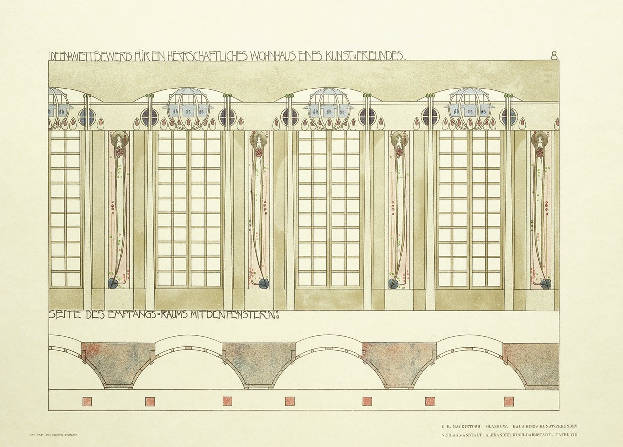 Sala de Recepção e Música, c.1901 (litografia colorida) de Charles Rennie (after) Mackintosh