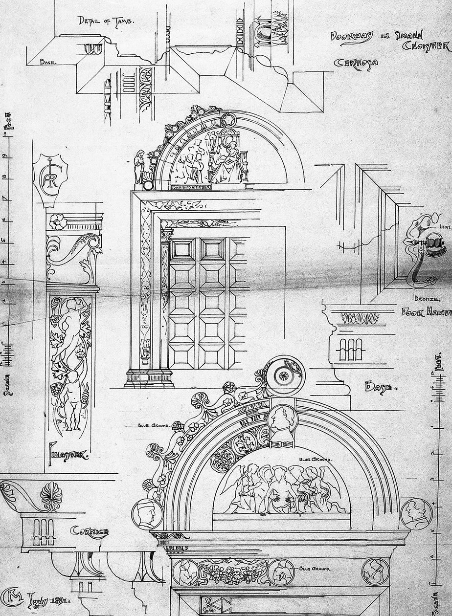 Certosa di Pavia, porta de entrada no pequeno claustro, 1891 (página do caderno, tinta no papel de cartucho) de Charles Rennie Mackintosh