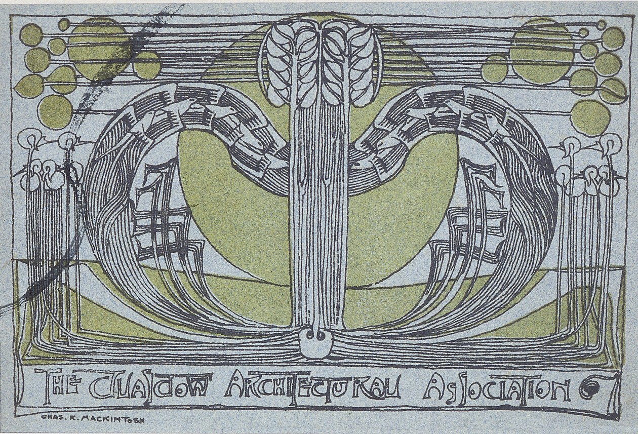 Programa Conversazione para a Associação Arquitetônica de Glasgow, 1894 (linogravura impressa em preto e verde em papel azul claro) de Charles Rennie Mackintosh