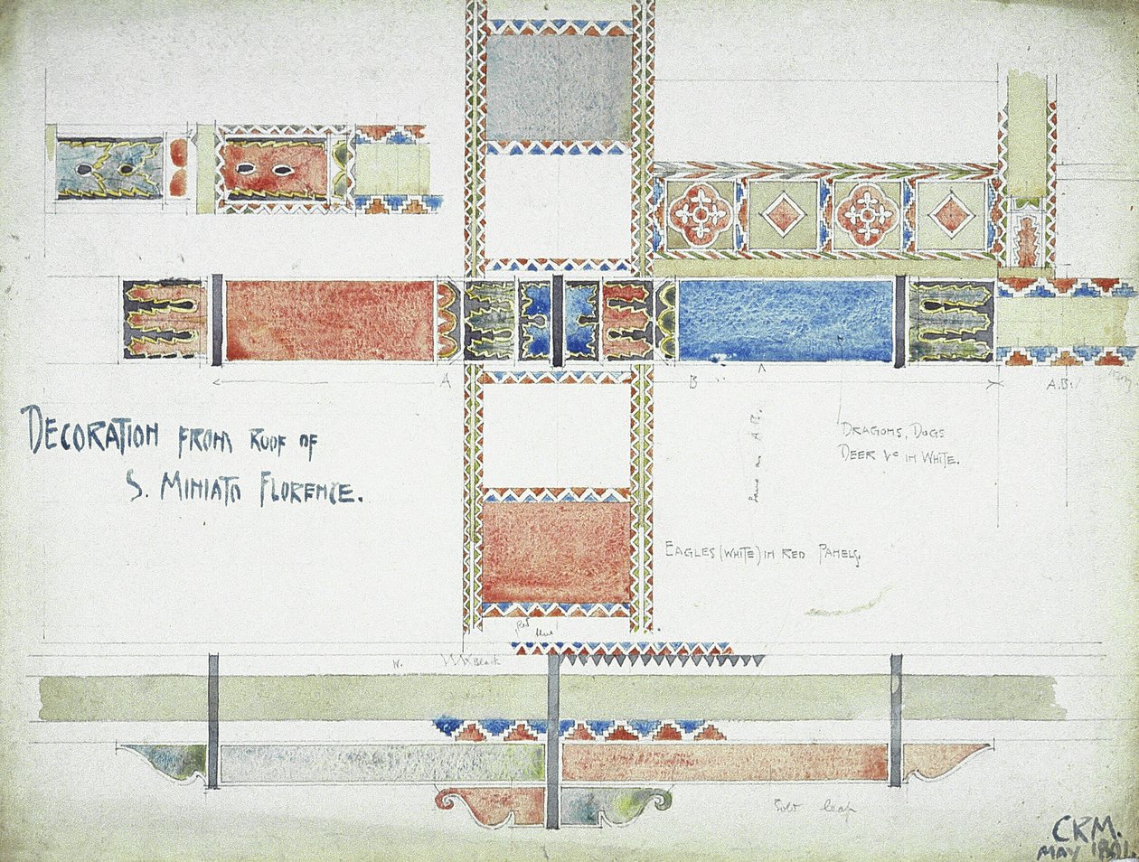 Decoração do telhado de S. Miniato, Florença, 1891 (lápis e aquarela sobre papel) de Charles Rennie Mackintosh