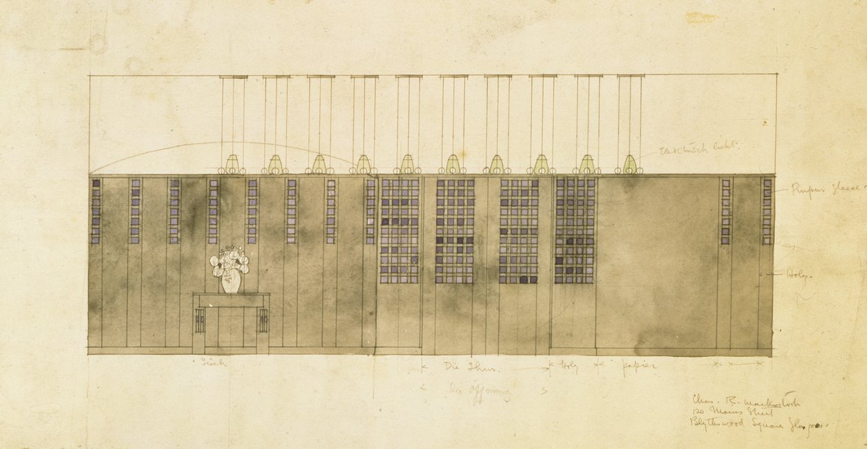 Design para uma parede, mesa e portas, 1905 (wc sobre caneta e tinta no papel) de Charles Rennie Mackintosh