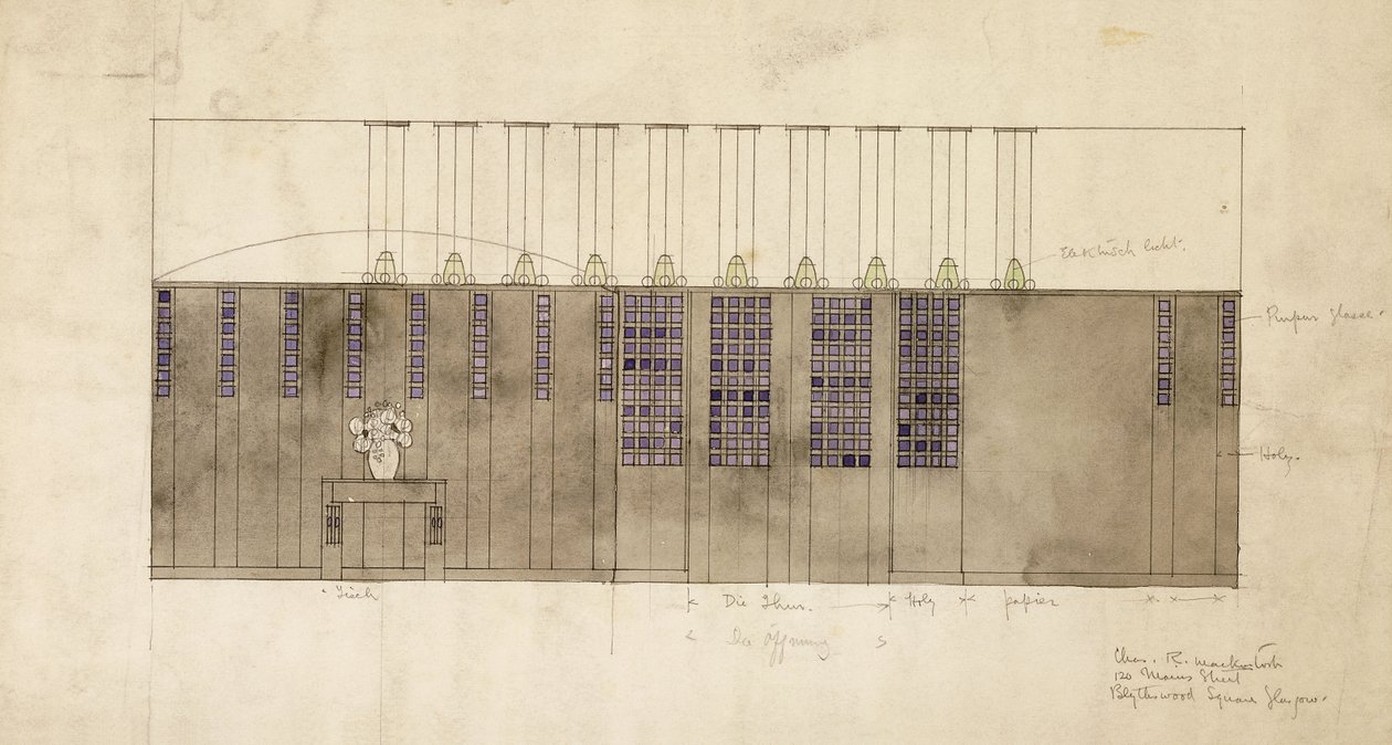 Projeto para parede, mesa e portas, para AS Ball, Berlim, 1905 de Charles Rennie Mackintosh