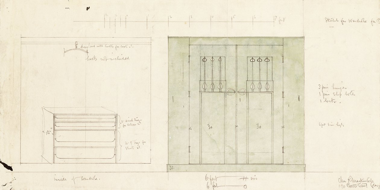 Design para guarda-roupa, mostrado em alçado frontal e interior, c.1899-1900 (lápis, aquarela) de Charles Rennie Mackintosh
