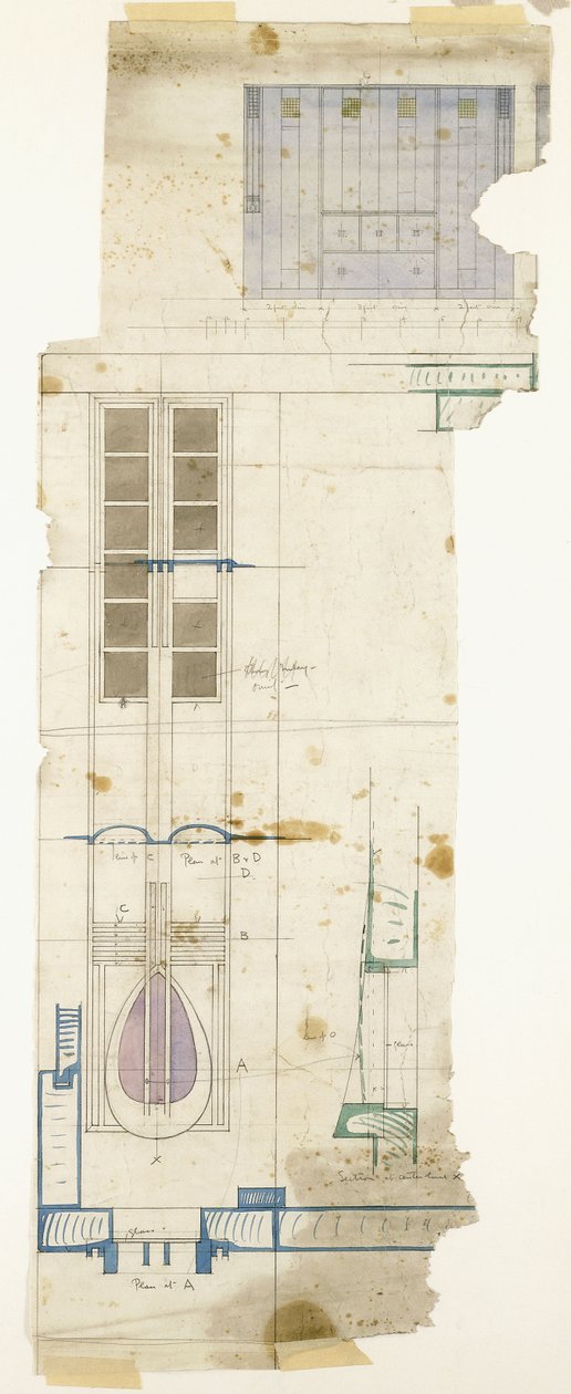Projeto para guarda-roupa, mostrado em alçado, com detalhes em tamanho médio de painel decorativo, 1904 de Charles Rennie Mackintosh