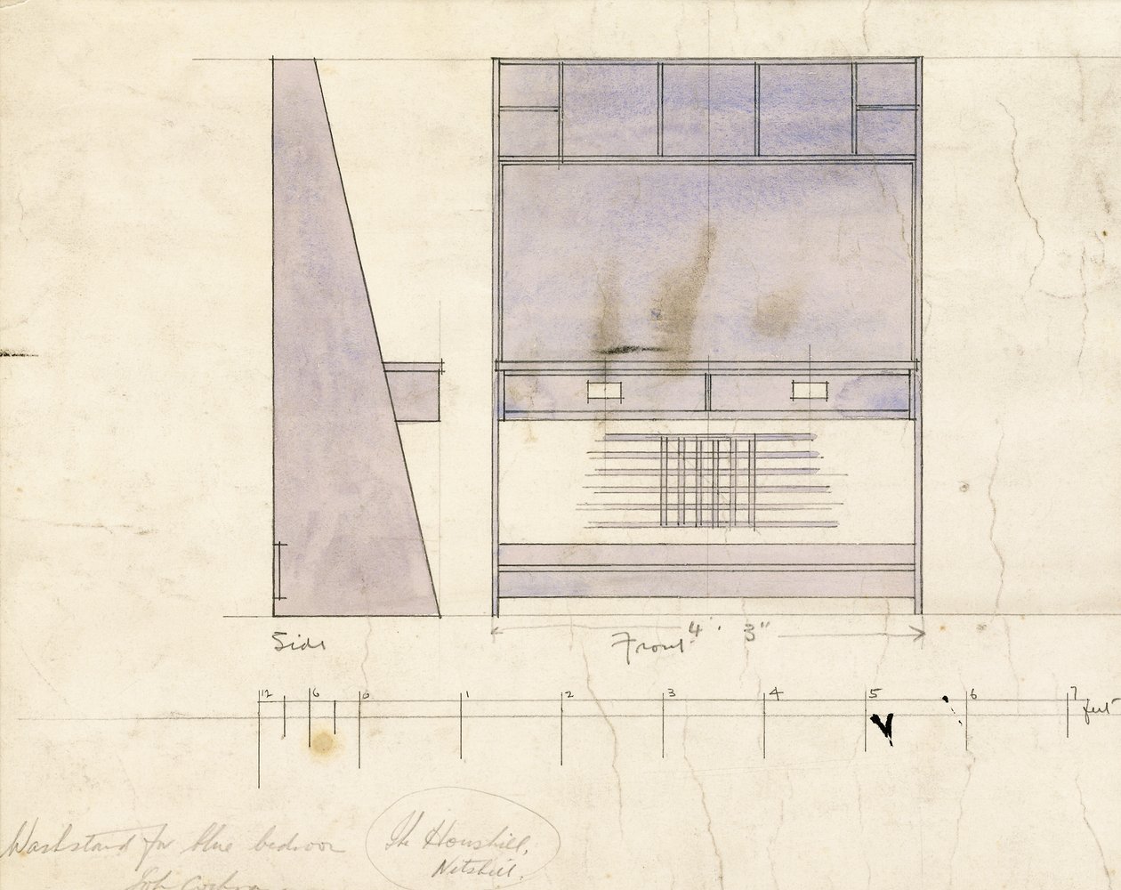 Projeto para um lavatório, mostrado em elevação lateral e frontal, 1904 de Charles Rennie Mackintosh