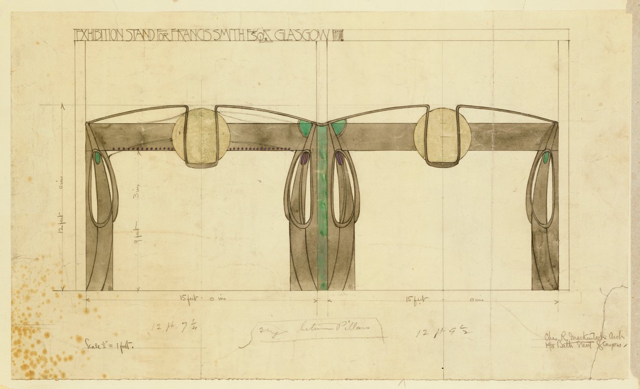 Projeto para um estande de exposição de Francis Smith, usado na Exposição de Glasgow, mostrado em elevação, 1901 de Charles Rennie Mackintosh