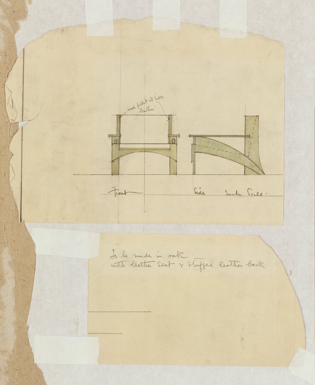 Projeto para uma poltrona de carvalho, mostrada em alçados frontal e lateral, 1905 de Charles Rennie Mackintosh