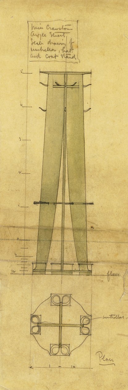 Projeto para guarda-chuva, cabide de chapéus e casacos, mostrado em elevação e planta, c.1898-1899 (lápis, aquarela, papel vegetal oleado) de Charles Rennie Mackintosh