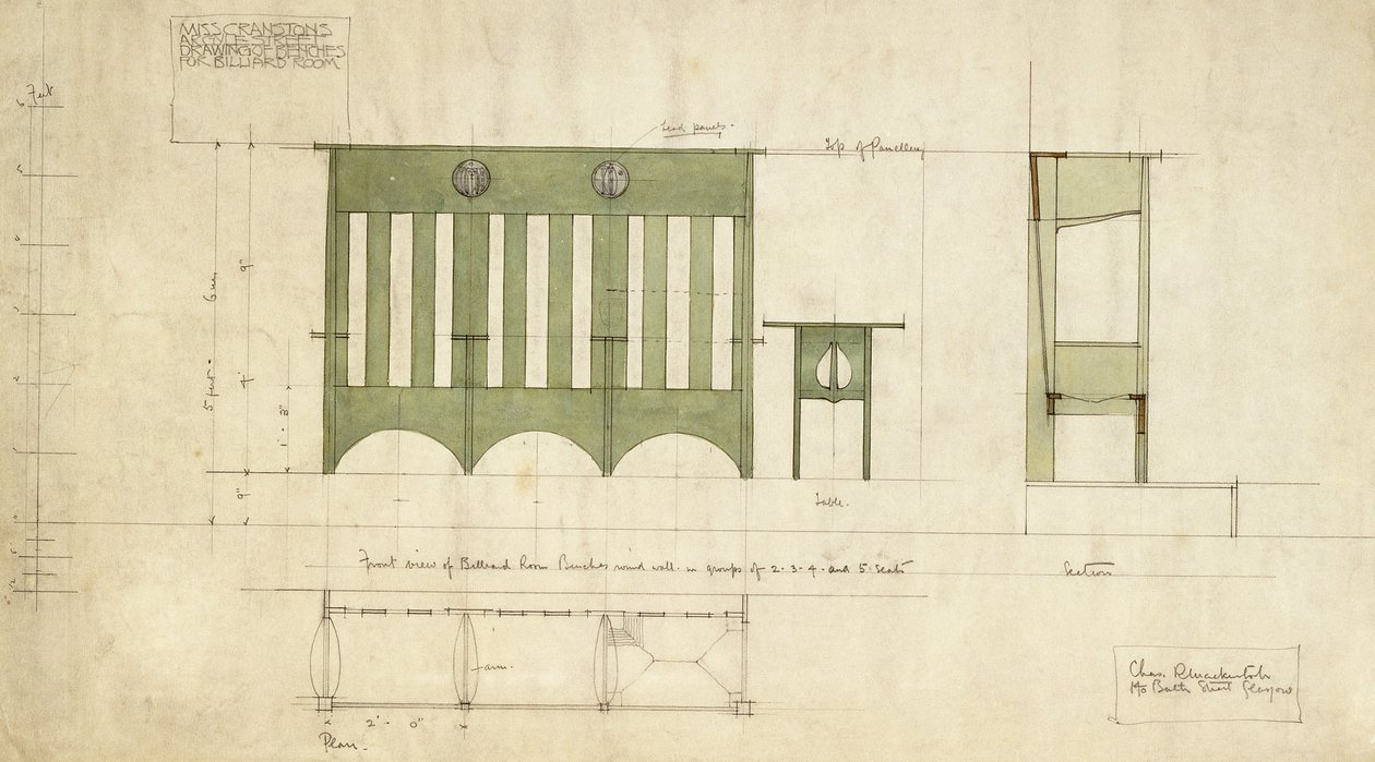 Projeto para bancadas e mesa, mostrado em plano de elevação e corte de Charles Rennie Mackintosh
