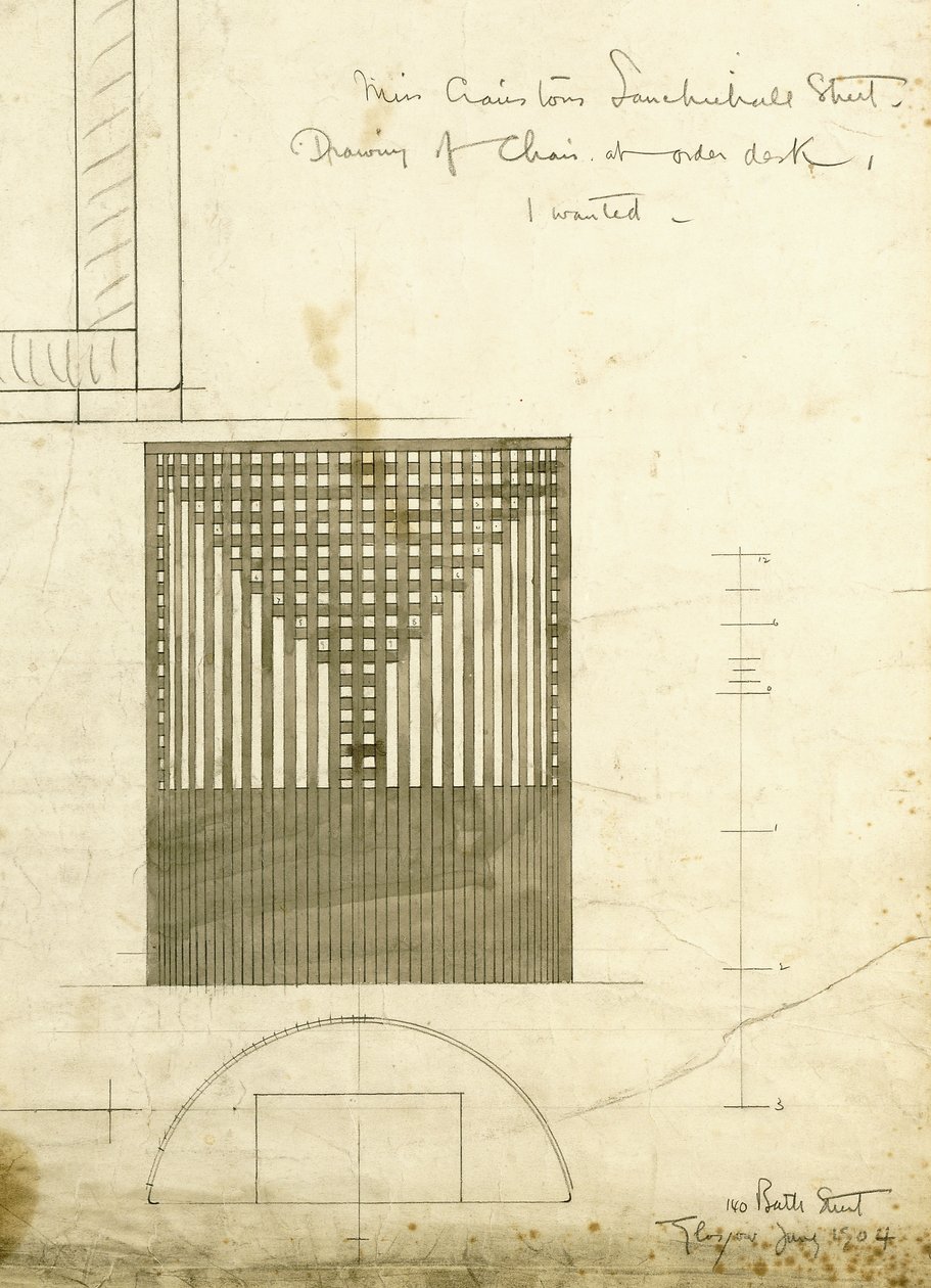 Design para o Order Desk Chair, mostrado em elevação e planta, 1904 de Charles Rennie Mackintosh