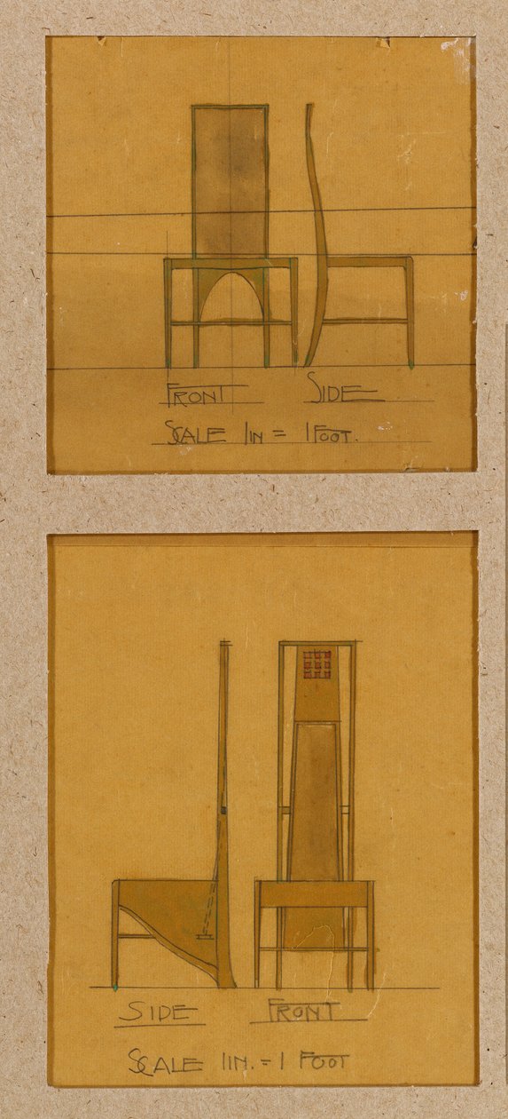 Projetos para cadeiras mostrados em alçados frontais e laterais, para o Room de Luxe, Salas de Chá Willow de Charles Rennie Mackintosh