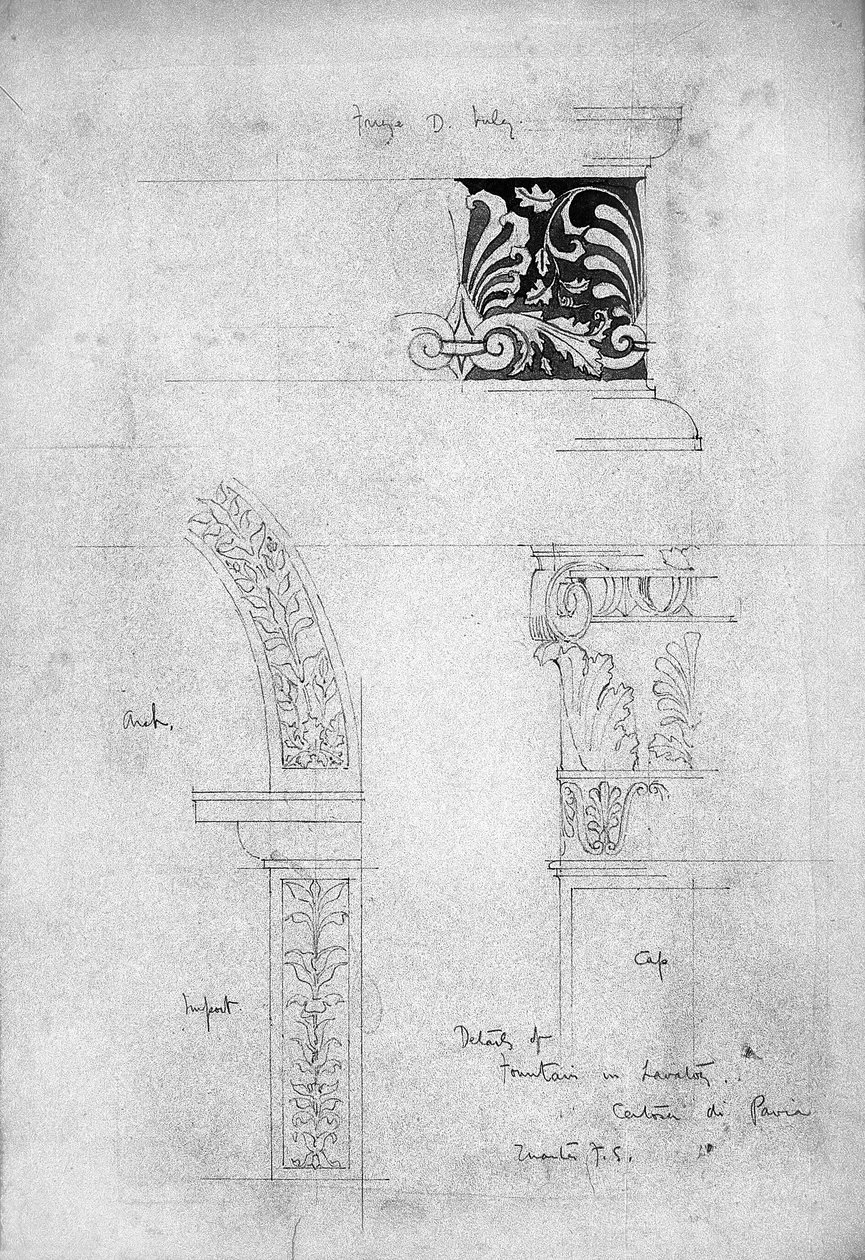 Detalhes da Fonte no Lavatório, Certosa di Pavia, 1891 (Lápis e cinza lavar no papel) de Charles Rennie Mackintosh