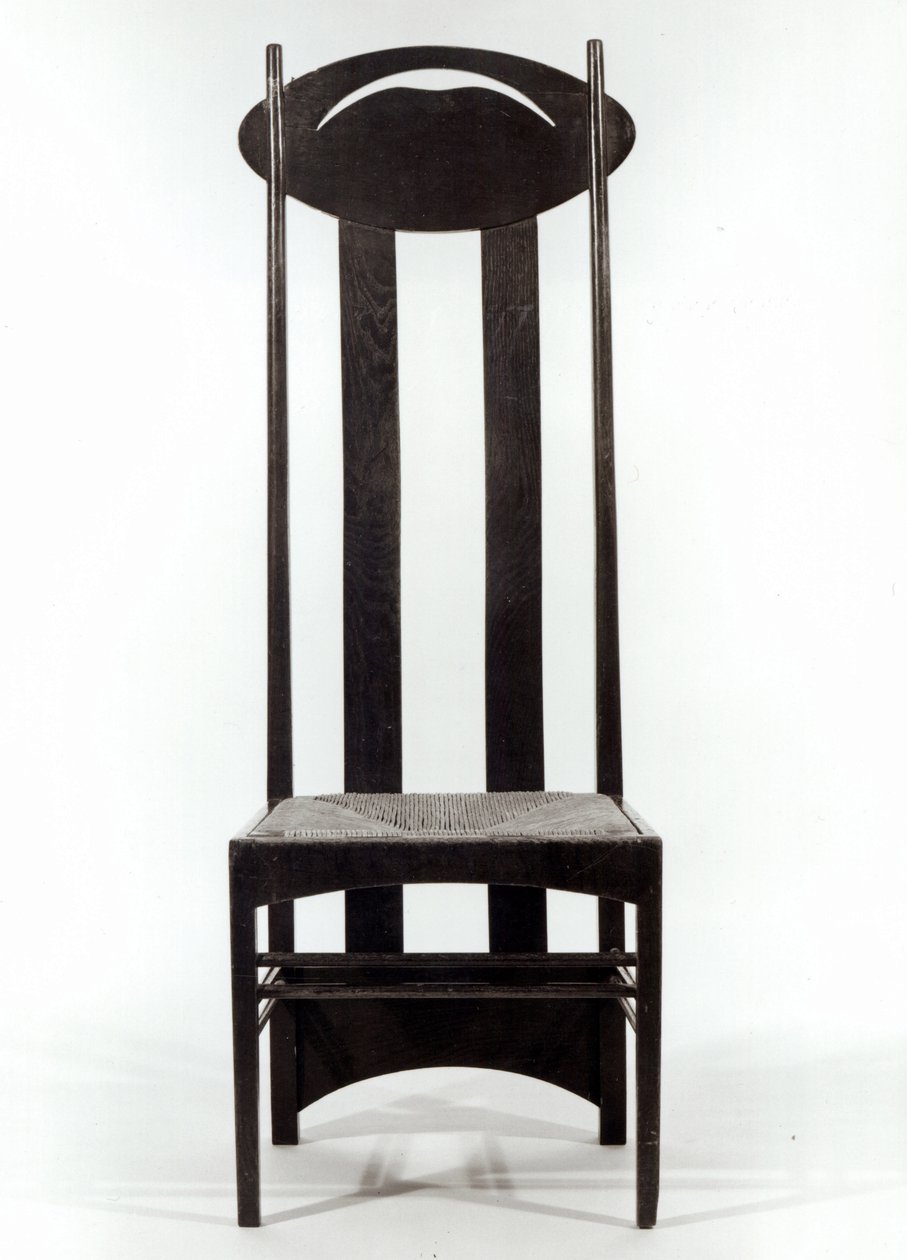 Cadeira de encosto alto, c.1897 (carvalho escuro manchado com assento de arremesso e trilhos traseiros ovais perfurados) de Charles Rennie Mackintosh