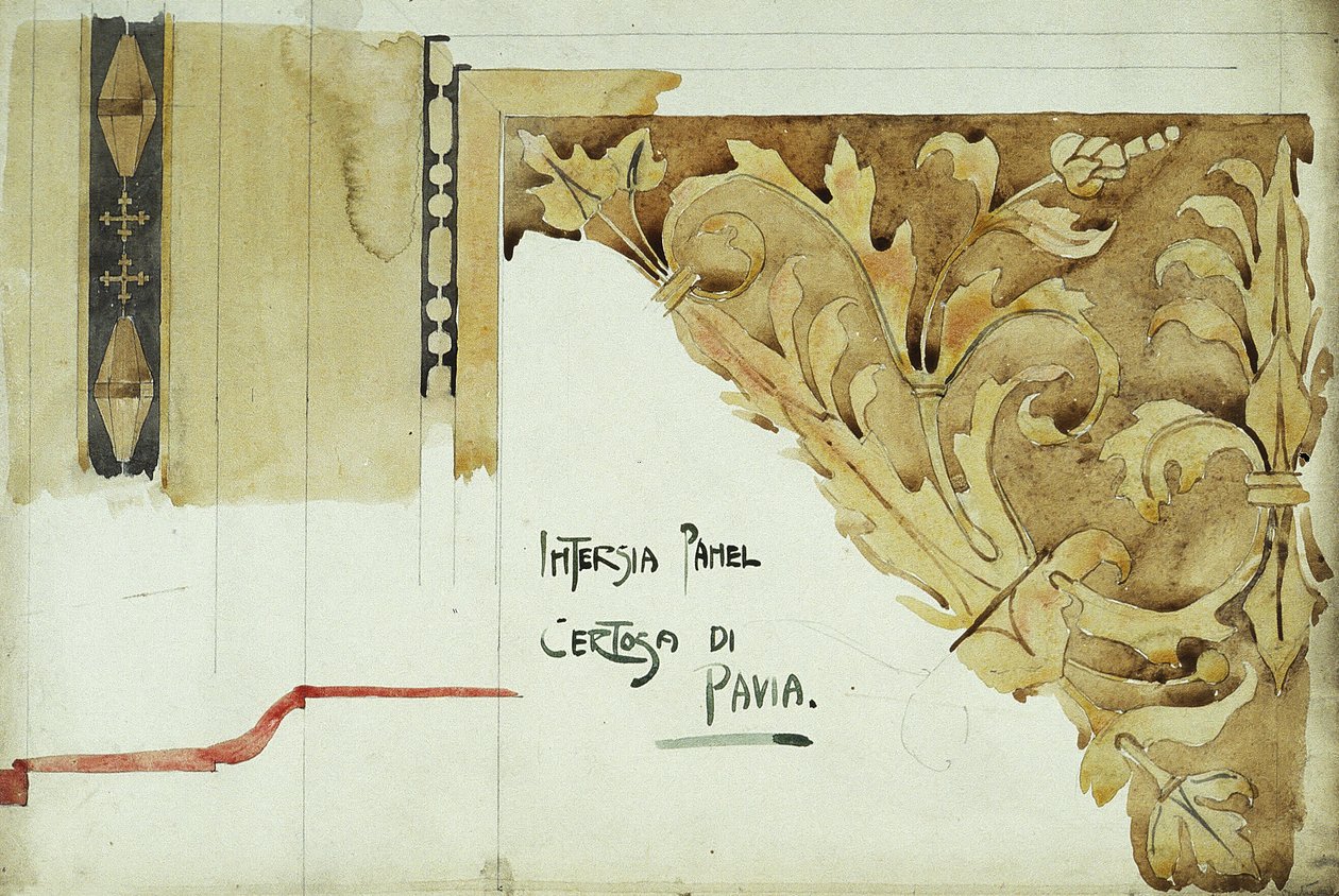 Painel Intarsia, Certosa di Pavia, 1891 (lápis e aguarela sobre papel) de Charles Rennie Mackintosh