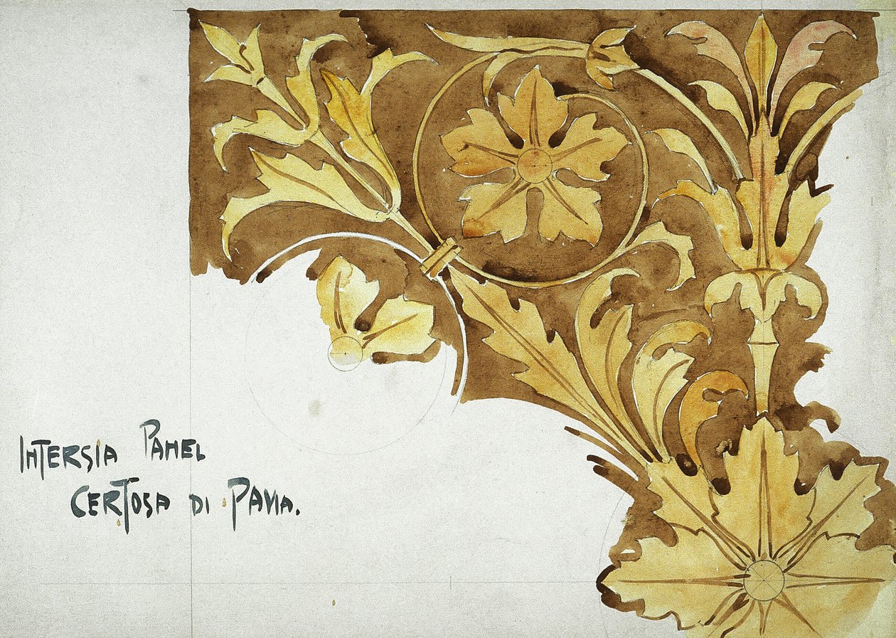 Painel Intarsia, Certosa di Pavia, 1891 (lápis e aguarela sobre papel) de Charles Rennie Mackintosh