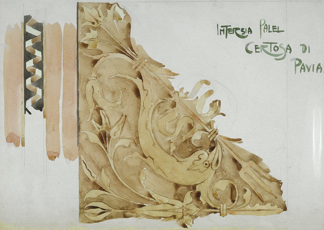 Painel Intarsia, Certosa di Pavia, 1891 (lápis e aguarela sobre papel) de Charles Rennie Mackintosh