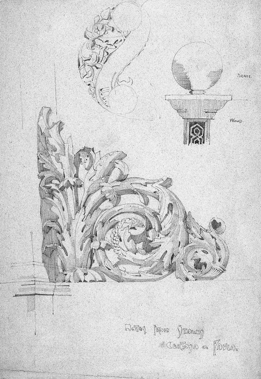 Notas de Itally [sic], Certosa di Pavia, 1891 (Lápis sobre papel azul) de Charles Rennie Mackintosh