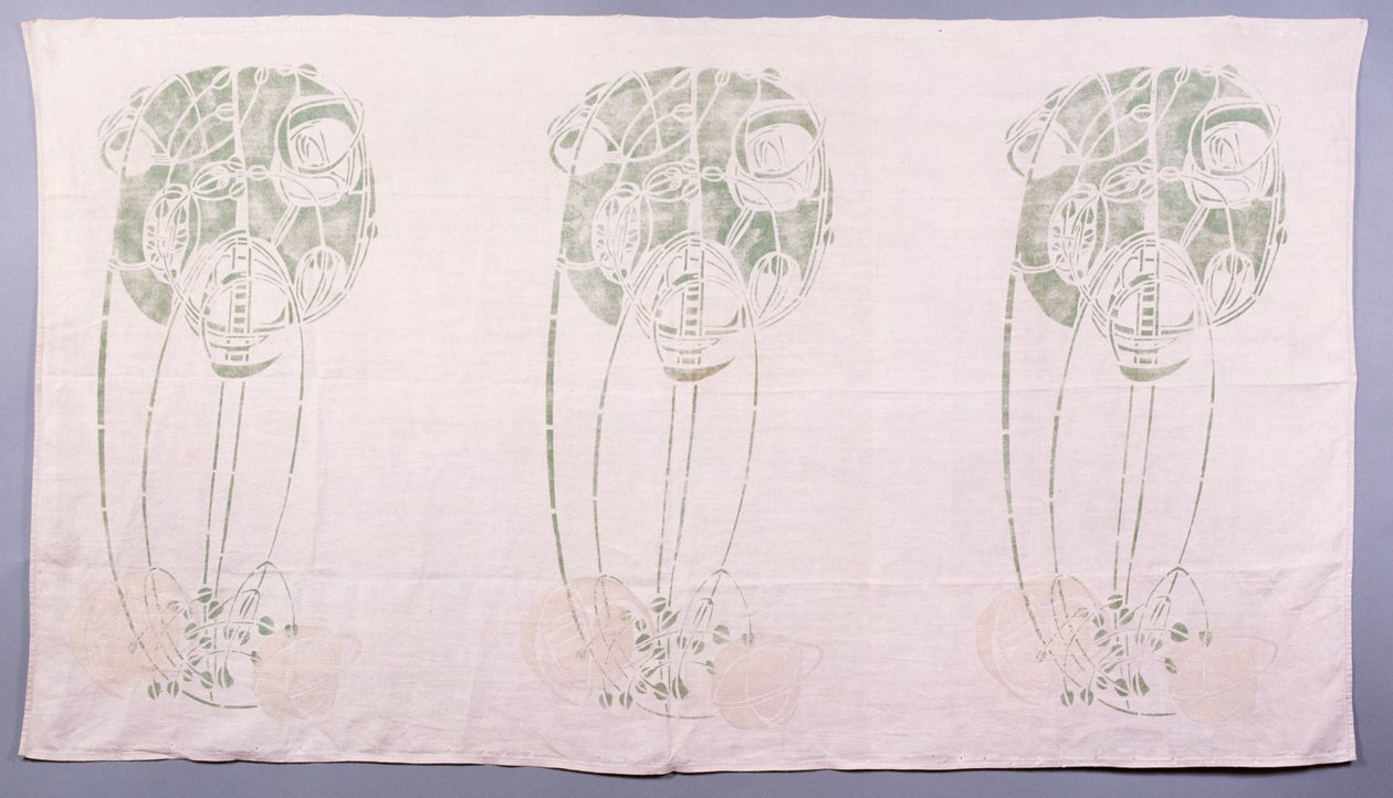Painel de três motivos de rosas estilizados em verde e creme, para um fundo de um canto instalado na Sala de Estar em 14 Kingsborough Gardens, c.1900 (linho estampado) de Charles Rennie Mackintosh
