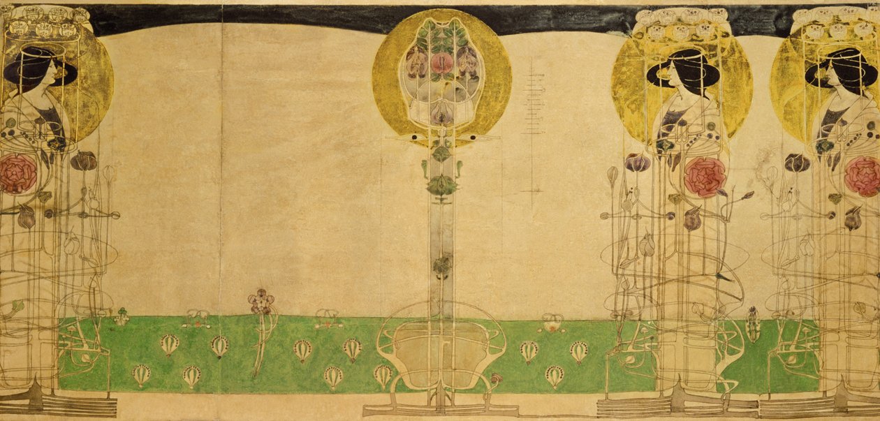 Projeto preliminar para decoração mural do primeiro andar Sala dos Tearooms Buchanan Street da Miss Cranston, 18967 (lápis e wc sobre papel vegetal) de Charles Rennie Mackintosh