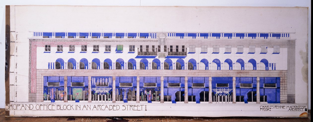 Desenhos arquitetônicos não registrados anteriormente para uma loja e uma rua com arcadas, por volta de 1915 de Charles Rennie Mackintosh