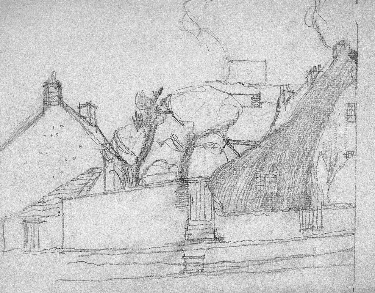 Esboço da vila inglesa com telhado de palha em primeiro plano, c.1920 de Charles Rennie Mackintosh