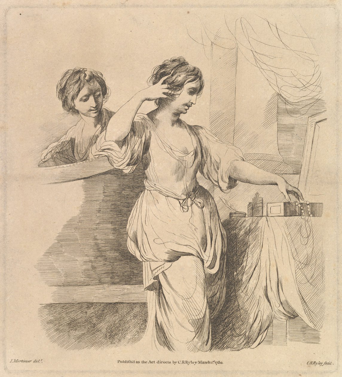 Mulher em seu banheiro, 1 de março de 1780. de Charles Reuben Ryley