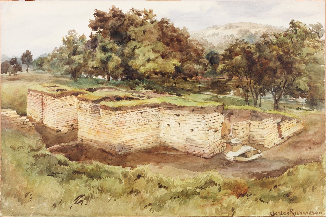 Chesters Bath House do Sudoeste (bodycolour, lápis e wc no papel) de Charles Richardson