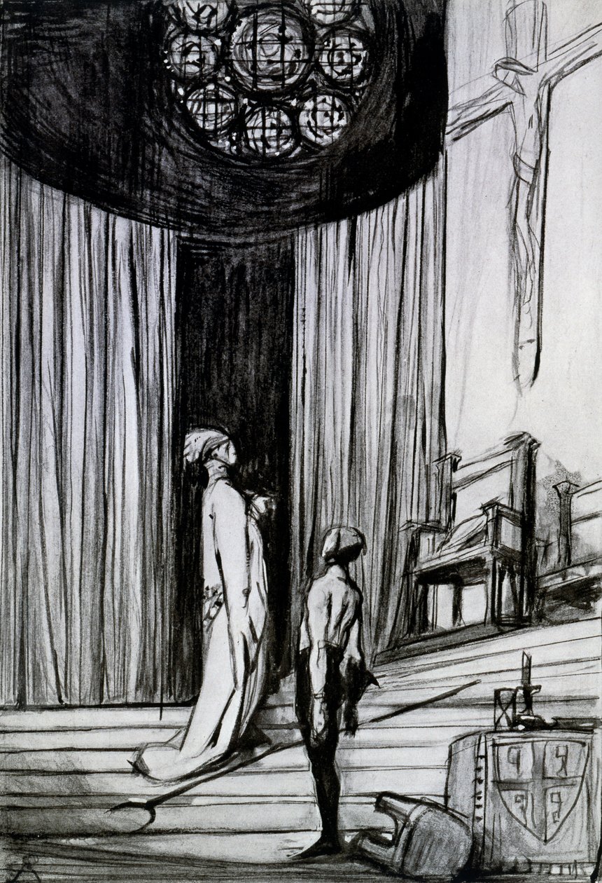 Warwick and the Executioner, cena de &39;St Joan&39; por George Bernard Shaw, c.1924 (carvão sobre papel) de Charles Ricketts