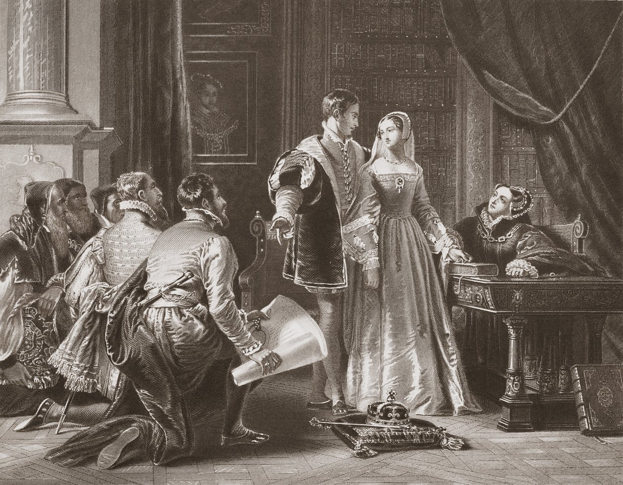 A relutância de Lady Jane Grey em aceitar a coroa, gravada por A.H. Payne (litho) de Charles Robert (after) Leslie