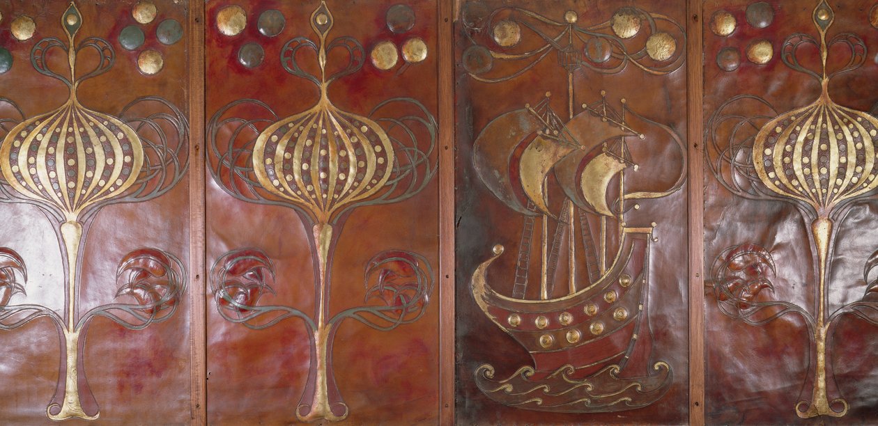 Painéis de couro em relevo, pintados e dourados, fabricados pela Guild of Handicraft, 1892 (couro) de Charles Robert Ashbee