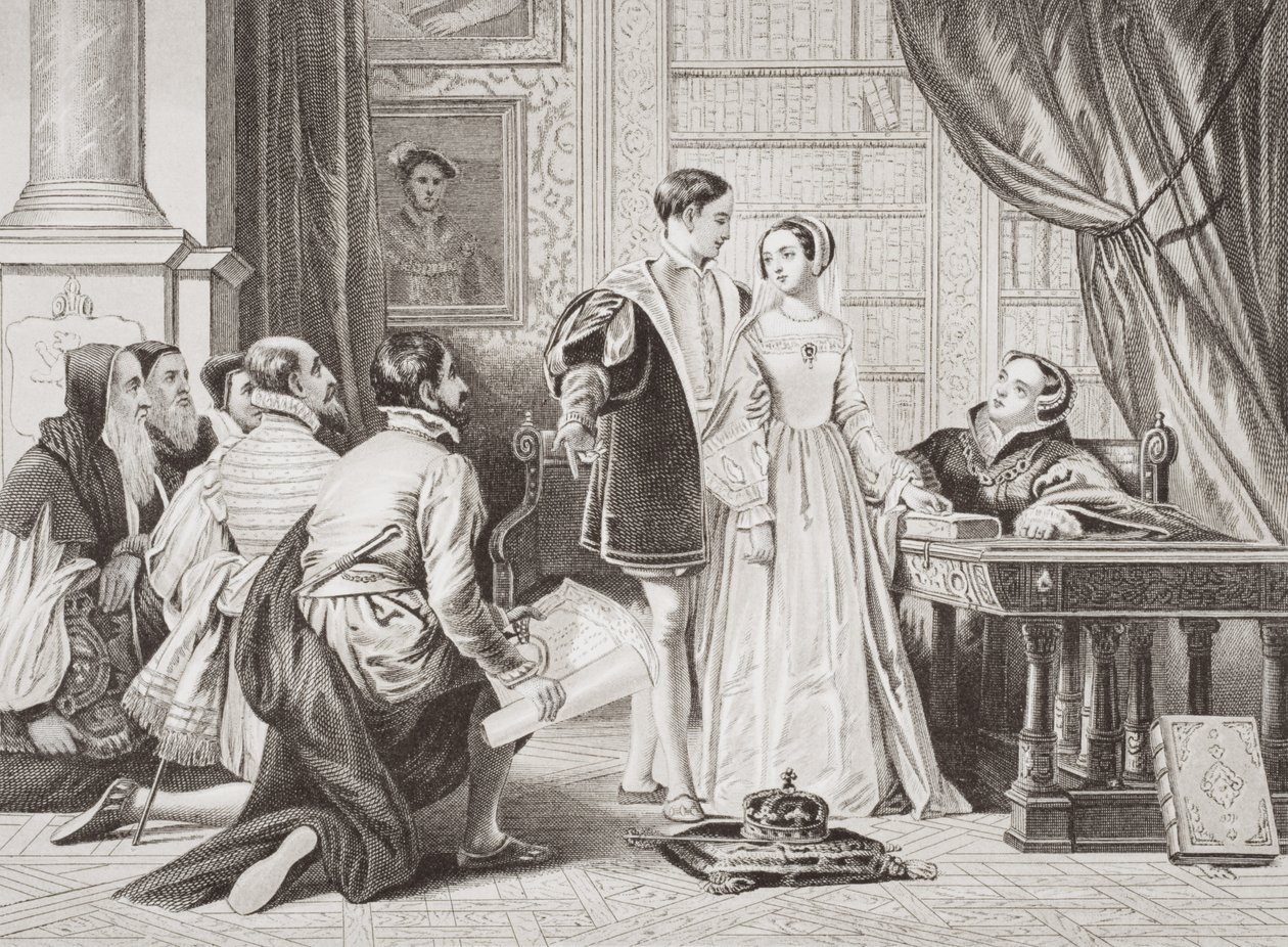 A relutância de Lady Jane Grey em aceitar a coroa, Sion House, em 8 de julho de 1553, de "Ilustrações da História Escocesa e Inglesa", Volume I de Charles Robert Leslie