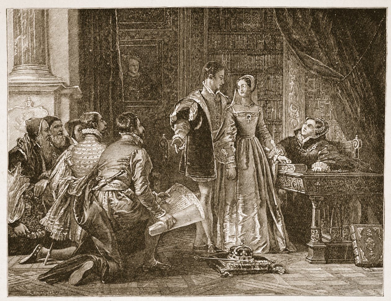 Relutância da senhora Jane Grey para aceitar a coroa, Sion House, 8 de julho de 1553, ilustração de "A Igreja da Inglaterra: Uma história para o povo" por HDM Spence-Jones, pub. c.1910 (foto sépia de Charles Robert Leslie