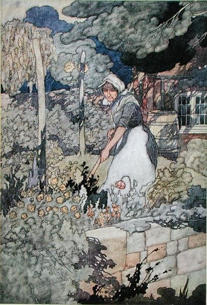 Um jardim caseiro, publicado em 1912 (cor litho) de Charles Robinson