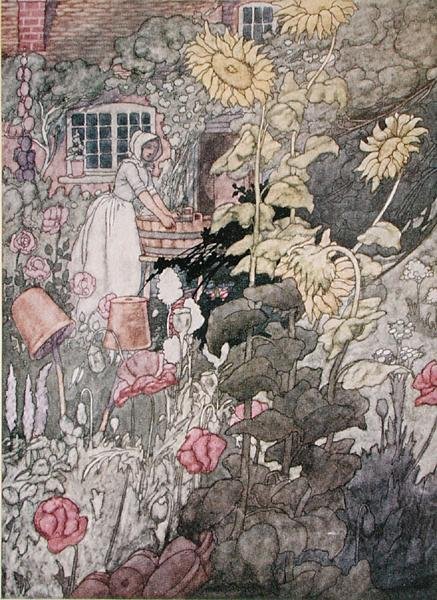 Um jardim caseiro, publicado em 1912 (cor litho) de Charles Robinson