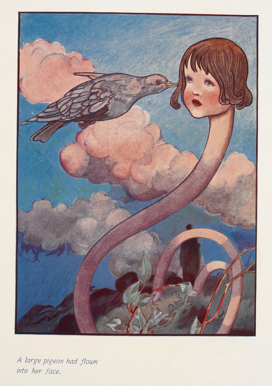 Um pombo grande tinha-lhe voado para a cara.
Alice com um pescoço comprido. de Charles Robinson