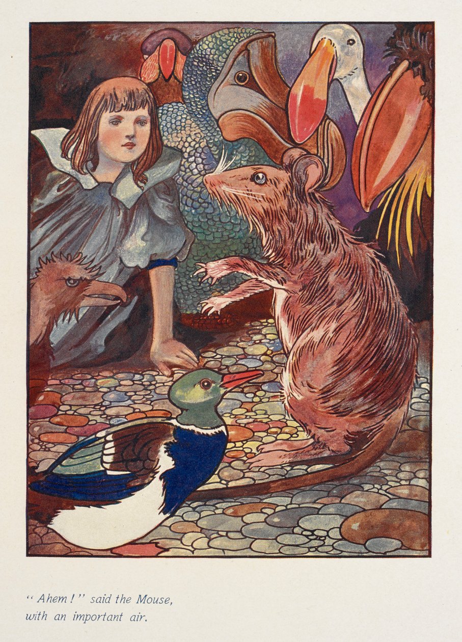"Ahem!" disse o rato, com um ar importante.
Alice com um rato e outros animais. de Charles Robinson