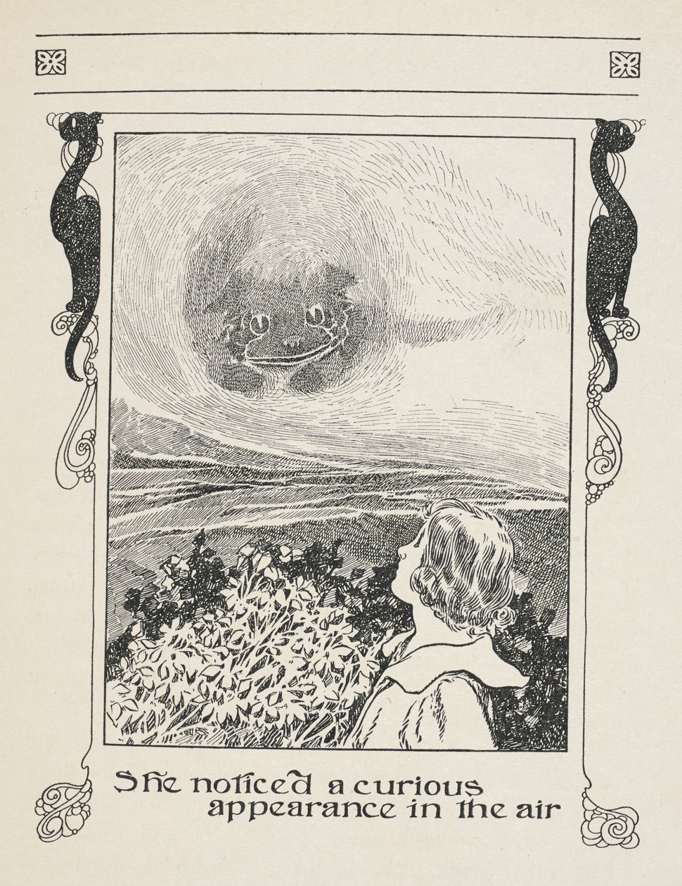 Reparou num aspeto curioso no ar.
Alice e o gato de Cheshire. de Charles Robinson