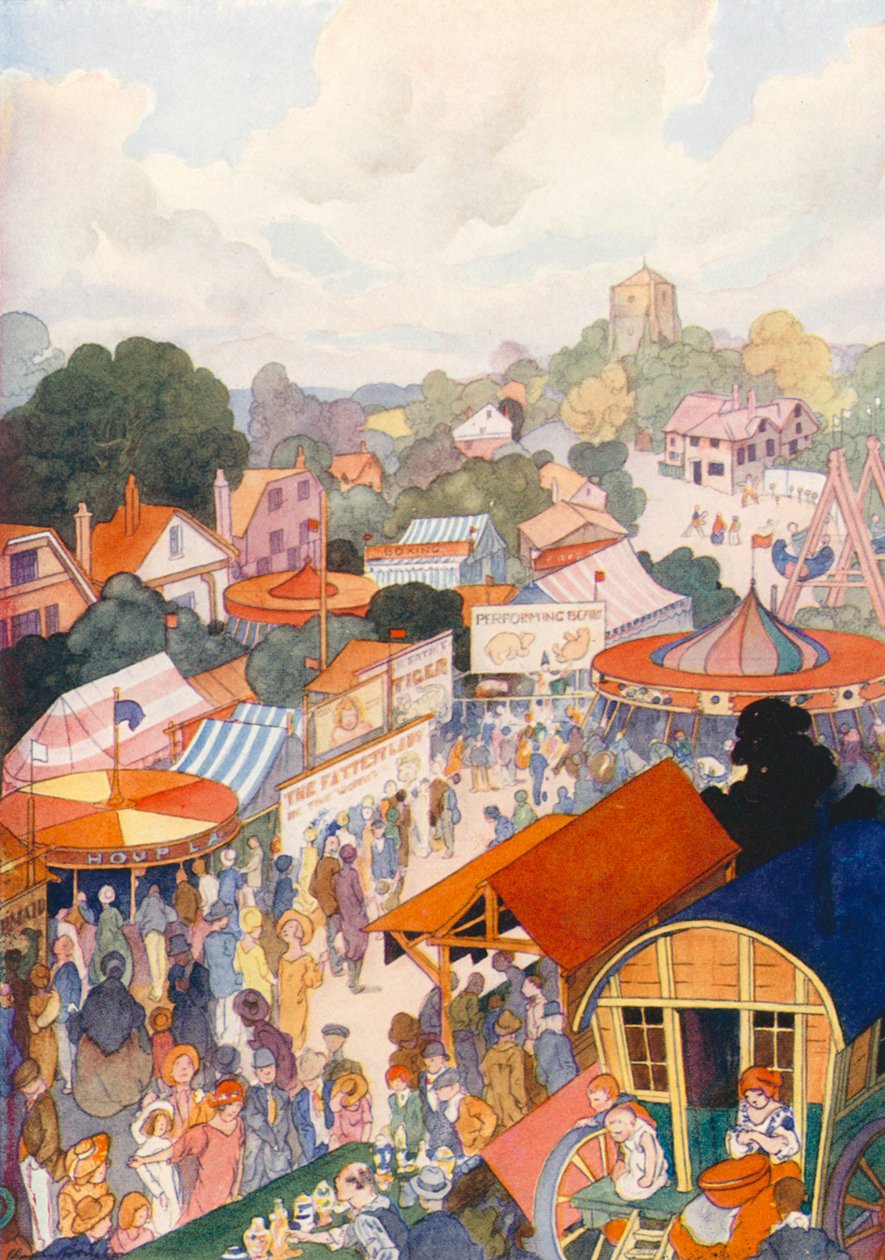 A feira anual visita uma aldeia rural (litografia a cores) de Charles Robinson